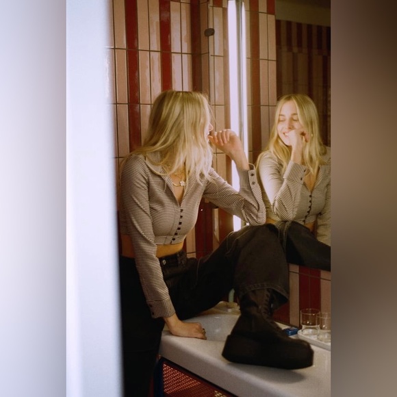 *LIKE NEW* Zara XS HOUNDSTOOTH POLO SHIRT- Cropped Blazer - Picture 5 of 5